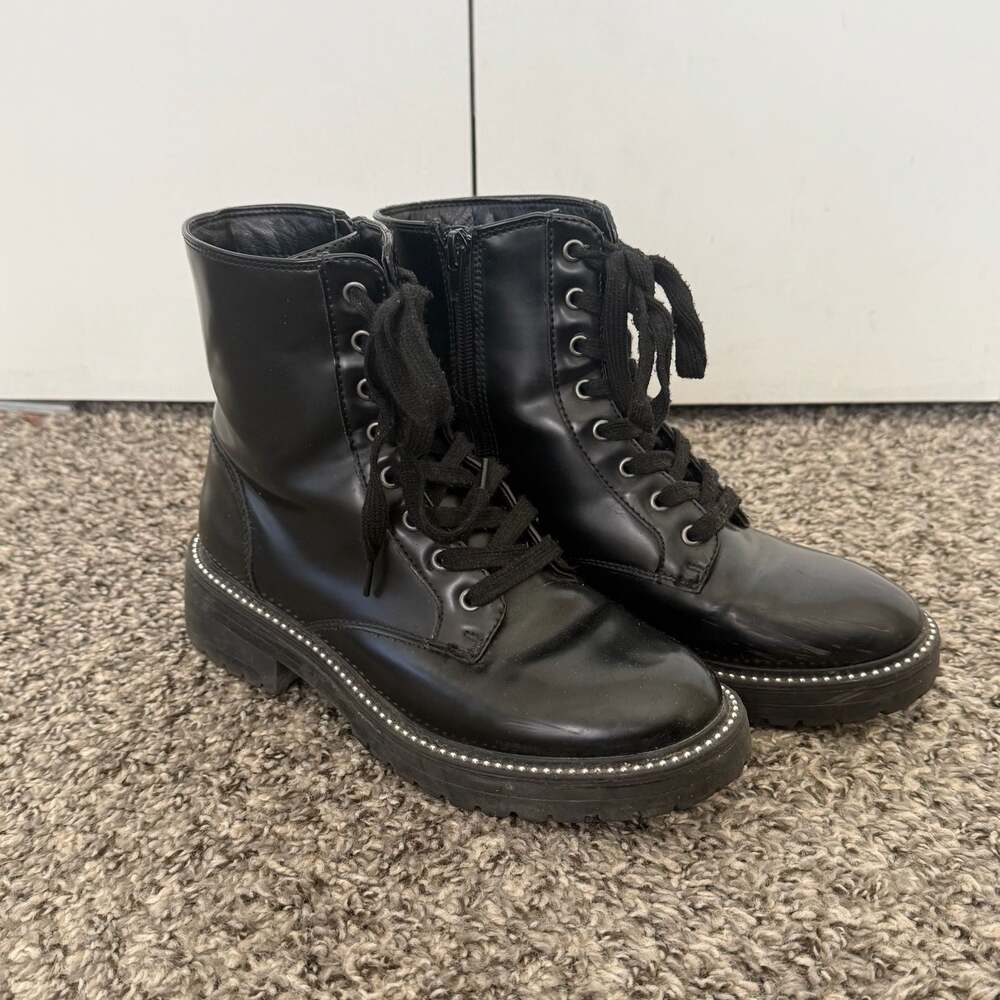 SUGAR Kaedy Black Faux Leather Lace Up Combat Boots